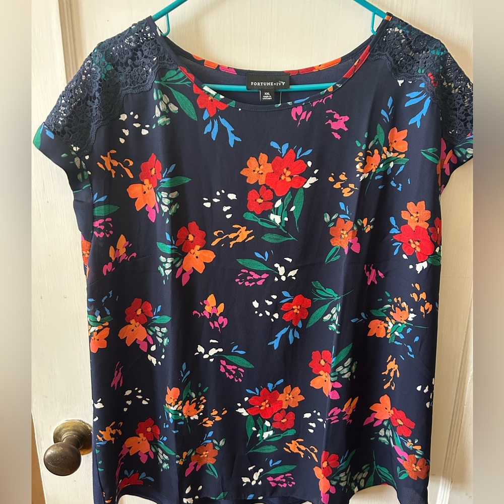 Fortune + Ivy Floral Print Top with Lace Details